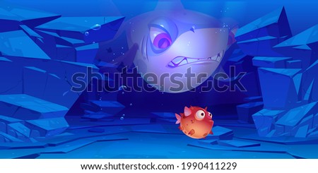 Shark and puffer fish in sea or ocean bottom with rocks around. Underwater characters with cute and angry faces and big eyes, creatures for computer game, marine animals, Cartoon vector illustration