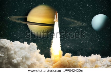 Rockets launch into space on the starry sky. Rocket starts into space concept.Elements of this image furnished by NASA