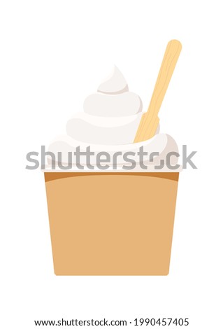 Cup with ice cream and popsicle stick isolated on white background. Cardboard eco packaging with frozen yogurt or vanilla swirl soft sundae. Flat design cartoon vector clip art illustration.