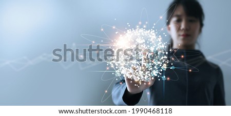Young business woman touching customer global network connection and data exchanges worldwide on blue background, business network communication and technology concept  Royalty-Free Stock Photo #1990468118