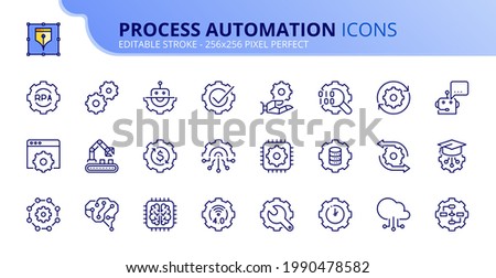 Outline icons about process automation. Contains such icons as robotic, algorithm, artificial intelligence, big data, deep and machine learning. Editable stroke Vector 256x256 pixel perfect Royalty-Free Stock Photo #1990478582