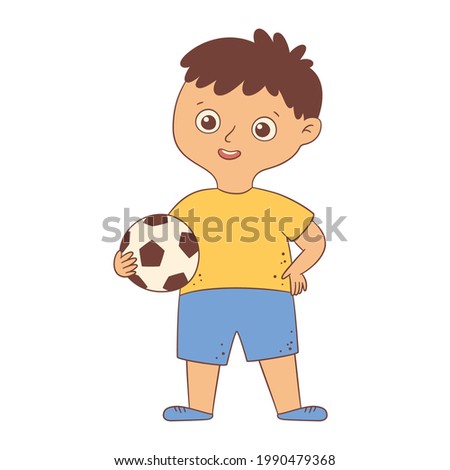 Cute boy footballer standing and holding the ball in his hand. Kid with a soccer ball in flat and cartoon style. Vector illustration on white background.