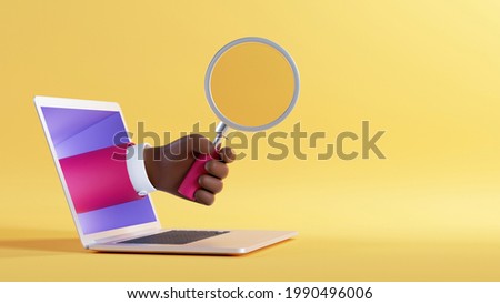 3d illustration. African cartoon character hand sticking out the laptop screen, holding magnifying glass. Computer clip art isolated on yellow background. Internet searching concept