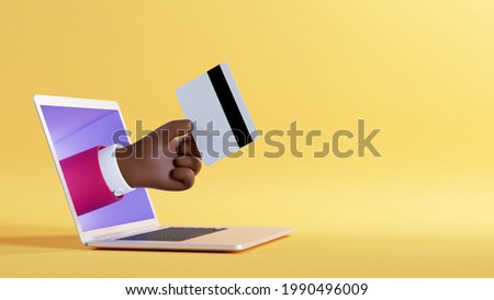 3d illustration. African cartoon character hand sticking out the laptop screen, holding plastic credit card. Business financial clip art isolated on yellow background. Internet banking service