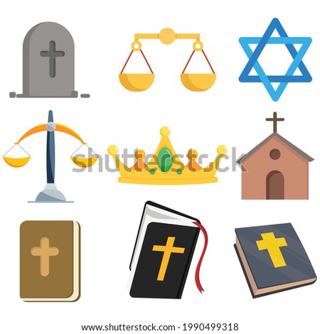 religion vector clip art set with holy bible, church, grave, libra