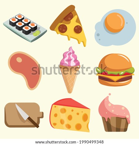 Food vector clip art set with hamburger, sushi, ice cream, pizza