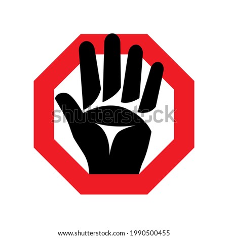 Stop Sign. Stop Silhouette gesture hand on red road sign. Vector illustration flat design. Isolated on white background.