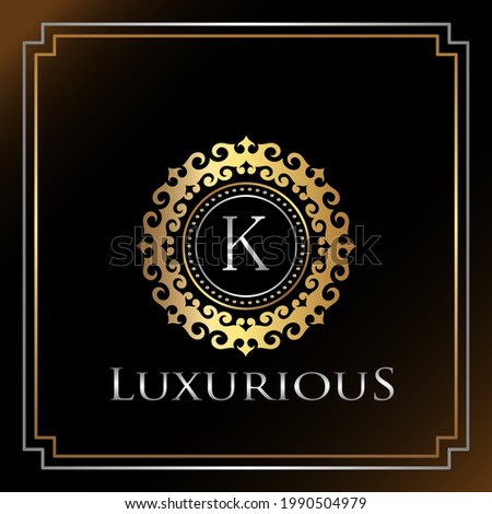 Gold Luxury Ornate Badge K Logo Letter. Elegance Ornate Decorative Luxury Initial Logo Template Golden Color.