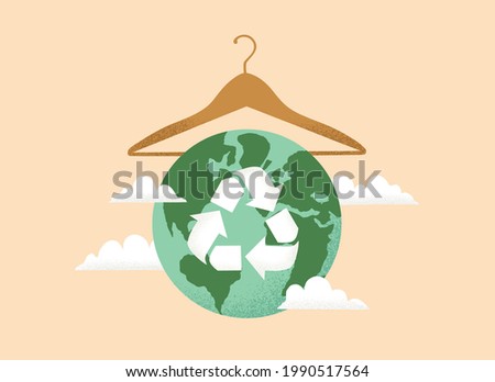 Vector illustration of Slow fashion concept with Earth planet globe, clothes hanger and Reuse, Reduce, Recycle symbol