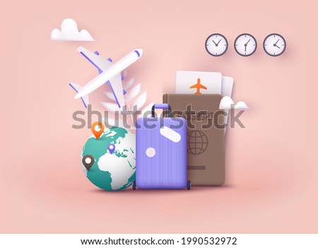 Business trip banner with passport, tickets, travel bag. 3D Web Vector Illustrations. Royalty-Free Stock Photo #1990532972