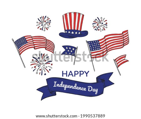 Happy USA Independende Day design elements. 4th of July. Hand drawn vector illustration