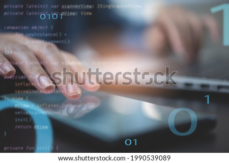 Digital software technology development, mobile apps design, IoT Internet of Things concept. Coding programmer working on laptop computer and mobile phone with computer code, technology background
