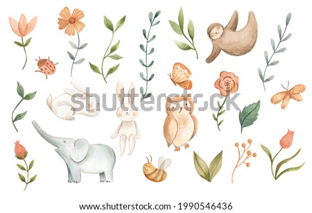Watercolor baby animals for nursery illustration 