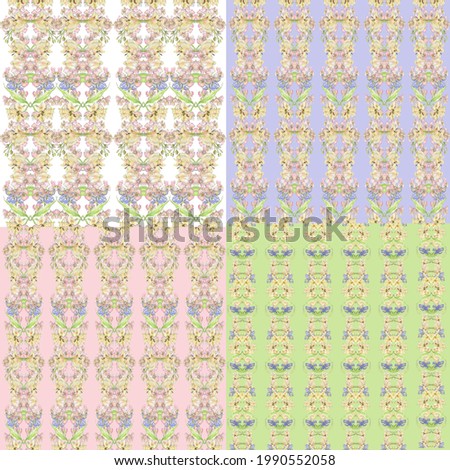 Watercolor set of seamless patterns with pastel pink, yellow, purple flower stripe drawn by hand. For wrapper, decoration, fabric and other design. Boho abstract clip art.