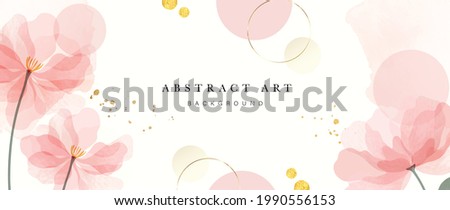 Abstract art background vector. Luxury minimal style wallpaper with golden line art flower and botanical leaves, Organic shapes, Watercolor. Vector background for banner, poster, Web and packaging. Royalty-Free Stock Photo #1990556153