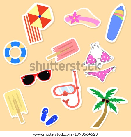 Vector - Summer icon collection, Sunglasses, surfboard, hat, bikini, ice cream, palm tree, diving mask. 
Travel beach set. Clip art. Can be use for print, paper, sticker.