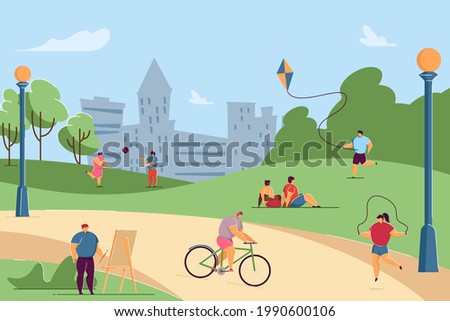 Kids doing different outdoor activities in park. People drawing, riding bike, playing volleyball, jumping rope, flying kite flat vector illustration. Childrens camp, kinder garden, playground concept