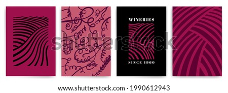 Design with illustration of tendrils and idea rows of vineyard. Vector for covers, invitations, flyers, banners, posters, labels, wine events. Red and rose wine colors. Fresh, elegant. Royalty-Free Stock Photo #1990612943