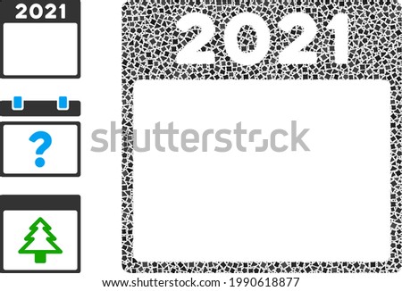 Mosaic 2021 calendar leaf icon composed of tuberous spots in variable sizes, positions and proportions. Vector abrupt spots are organized into abstract illustration 2021 calendar leaf icon.