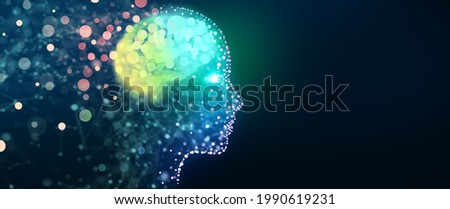 Human head with a luminous brain network. Digital brain, Analysis information, Cyber mind, Deep and Machine learning, Consciousness, Artificial intelligence, Technology background concept.