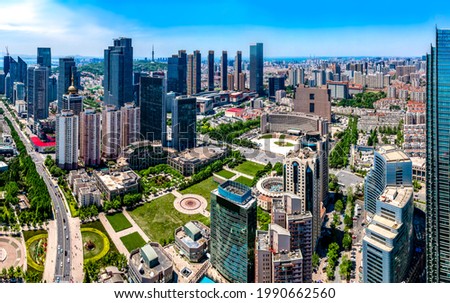 Aerial photography of architectural landscape skyline along Qing
