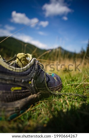 Hiking shoes, boots on a meadow near mountain peak