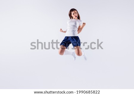 Full length body size view of her she nice-looking attractive pretty satisfied straight-haired girl jumping rejoicing final victory triumph isolated over light white gray pastel color background