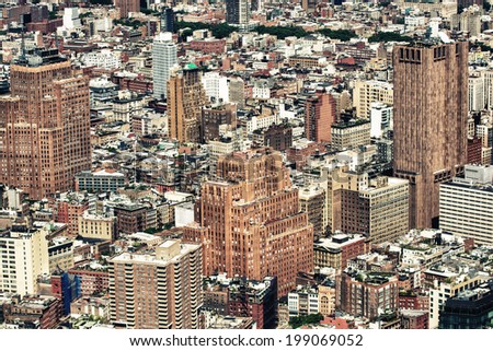 Buildings and Skyscrapers of Manhattan, architectural aerial view detail.