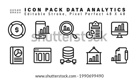 Icon Set of Data Analytics Vector Line Icons. Contains such Icons as Business Intelligence, Graphical Book, Binary Cloud, Data Mining etc. Editable Stroke. 48x48 Pixel Perfect