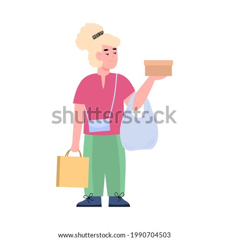 Child girl standing with bags and boxes of goods bought at sale or discount, cartoon flat vector illustration isolated on white background. Happy cheerful shopper.