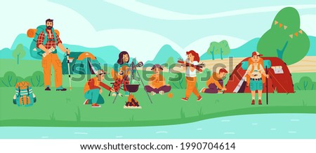Kids summer camp banner background. Children scouts or campers at campsite in forest, flat vector illustration. Summer boys and girls junior rangers group.