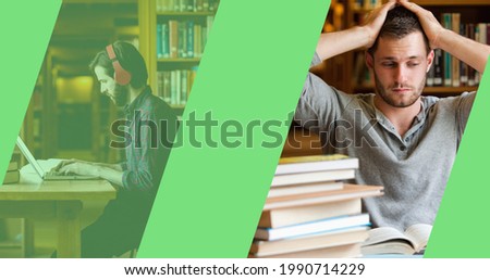 Composition of green bands over a stressed and a calm male adult student studying in library. school, education and study concept digitally generated video.