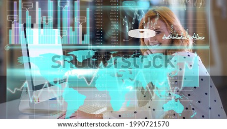 Digital interface with data processing against portrait of caucasian woman sitting at office. global business and technology concept