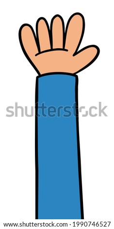 Cartoon vector illustration of raising hand. Colored and black outlines.