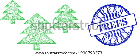 Vector crossing mesh fir tree forest frame, and Trees blue rosette scratched seal. Crossed carcass net image created from fir tree forest pictogram, is created from crossing lines.