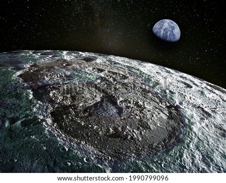 Planet Earth rises above lunar surface. Elements of this image furnished by NASA.