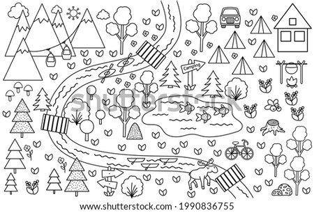 Black and white camping map. Summer camp background. Vector nature clip art, infographic outline elements or coloring page with mountains, forest, river, bike, cable car. Hiking or campfire plan. 