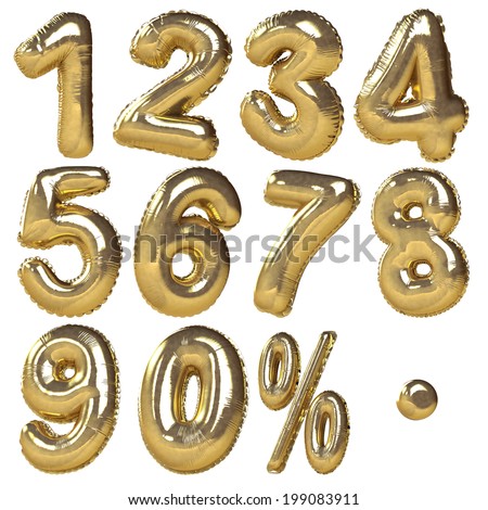 Balloons of numbers & percentage symbols presented in golden metallic style. Ideal for discount sale usage. Isolated in white background  Royalty-Free Stock Photo #199083911