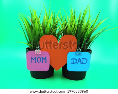 mother and father text (mom- dad) with red heart  on 2 green plants in black pots on a green background