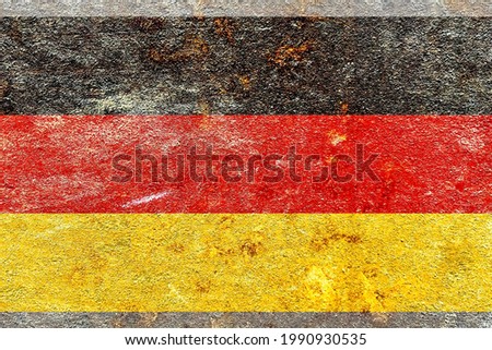 Grunge Germany national flag isolated on rusty mottled iron wall background, abstract faded German politics history culture glory concept texture wallpaper for decoration