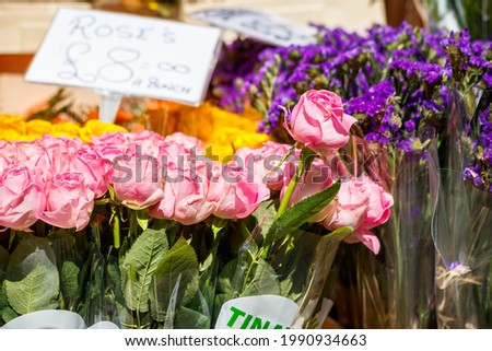 Bouquets of colorful flowers in the flower market