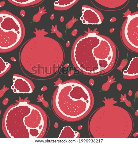 Cartoon pomegranate summer fruit seamless pattern background. Cute sweet food fresh nature kids wallpaper design. Vector print graphic illustration.