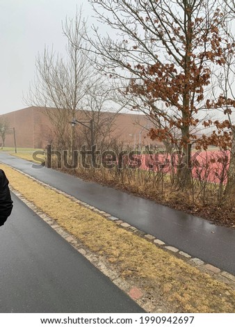 Picture of student on the way to school in foggy weather. In denmark, scandinavia.