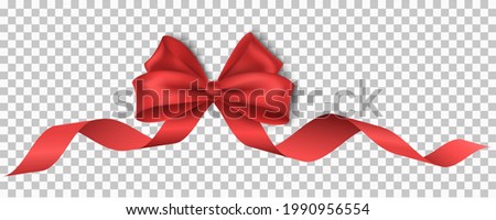 Vector, festive, realistic, red ribbon with bow isolated on transparent background for christmas, new year, party, sale or birthday. Luxury, silk tape. Realistic design element for holiday. EPS 10.