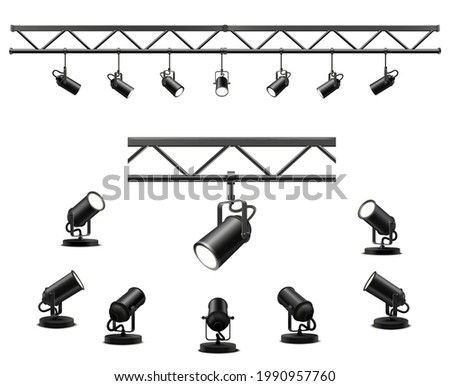 Lighting equipment set for an interview of a show contest or exhibition pavilion. Royalty-Free Stock Photo #1990957760