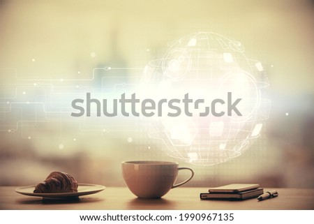 Double exposure of social network theme drawing hologram over coffee cup background in office. Concept people connection.