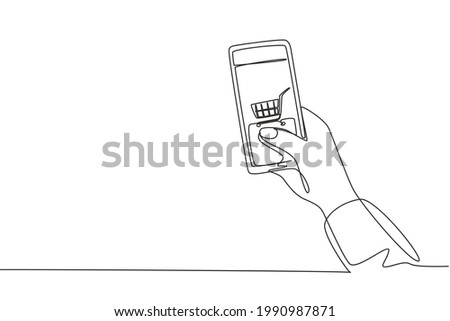 Single one line drawing hands holding smartphone with shopping cart image and touching screen. Digital lifestyle, internet and gadgets concept. Continuous line draw design graphic vector illustration