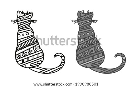 Cat. Hand drawn zen animal with abstract patterns on isolated background. Freehand art. Different color options. Black and white illustration