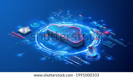 Cloud storage for downloading an isometric. A digital service or application with data transmission. Network computing technologies. Futuristic Server. Digital space. Data storage. Vector illustration Royalty-Free Stock Photo #1991000333