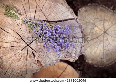 Picture of a lavender bouquet against wooden logs background
